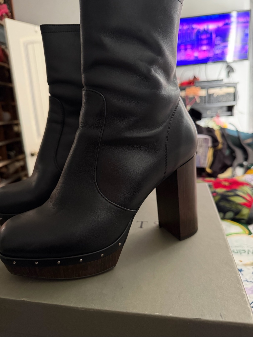 AllSaints Black Platform Zip-Up Heeled Boots - Picture 3 of 6
